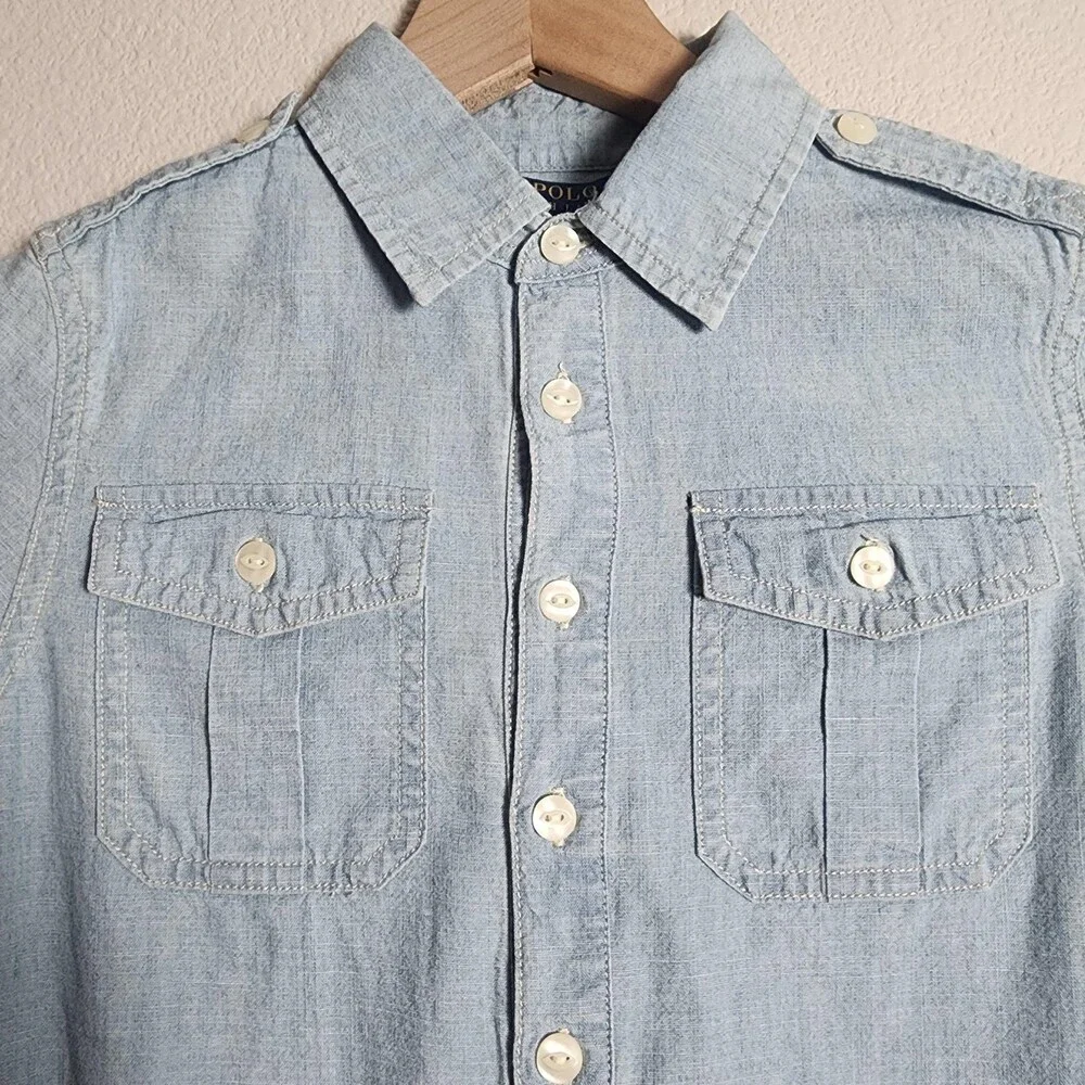 Polo Ralph Lauren Dress Girls 10 Blue Chambray Shirt Dress Drop Waist Ruffle Hem